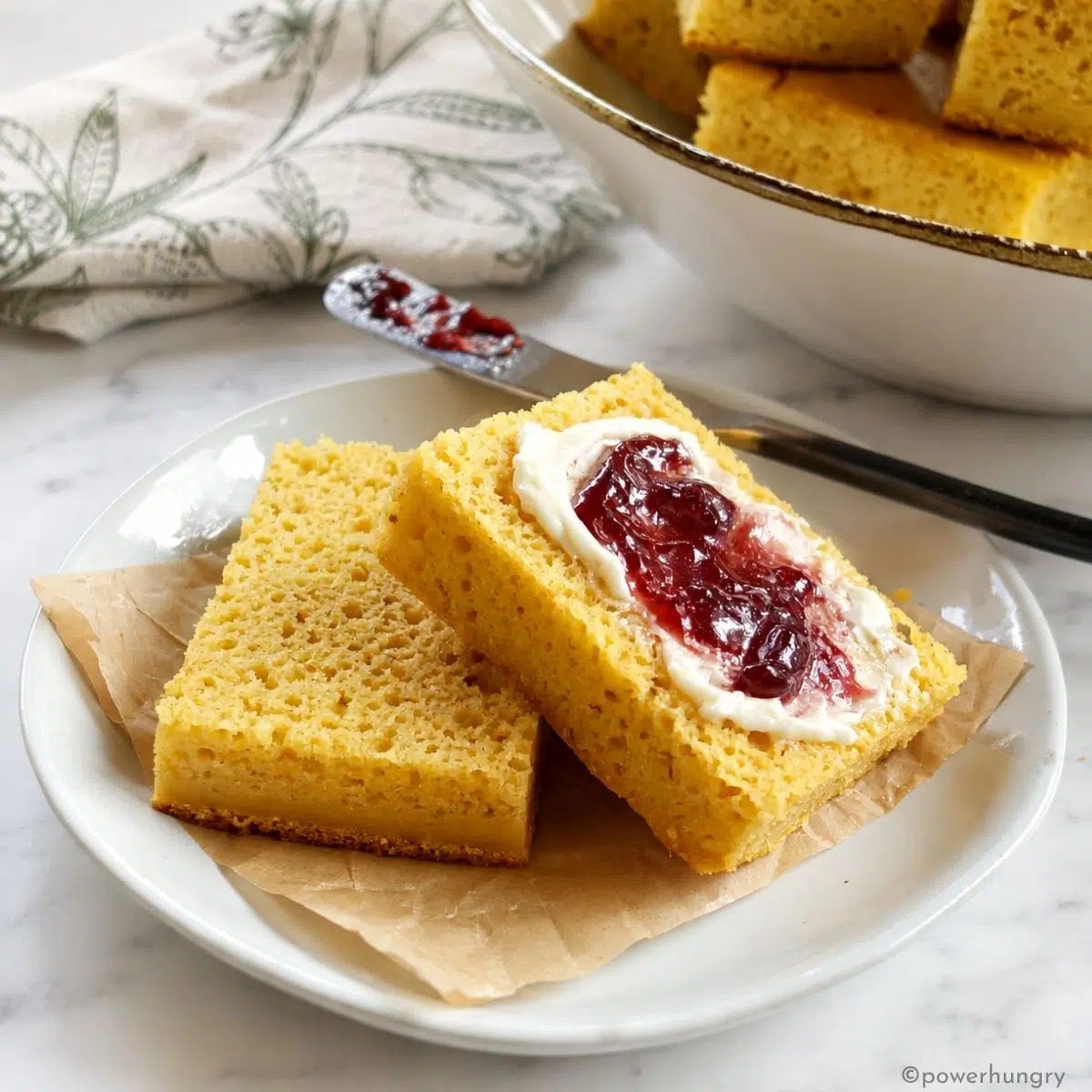 no corn cornbread, split, topped with vegan butter and jam