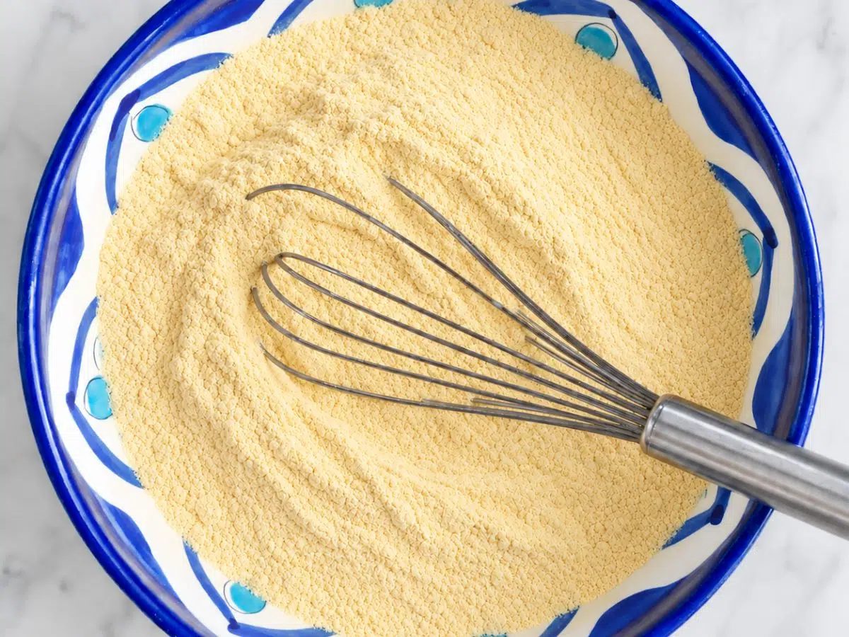 chickpea flour and baking powder whisk in decorative bowl