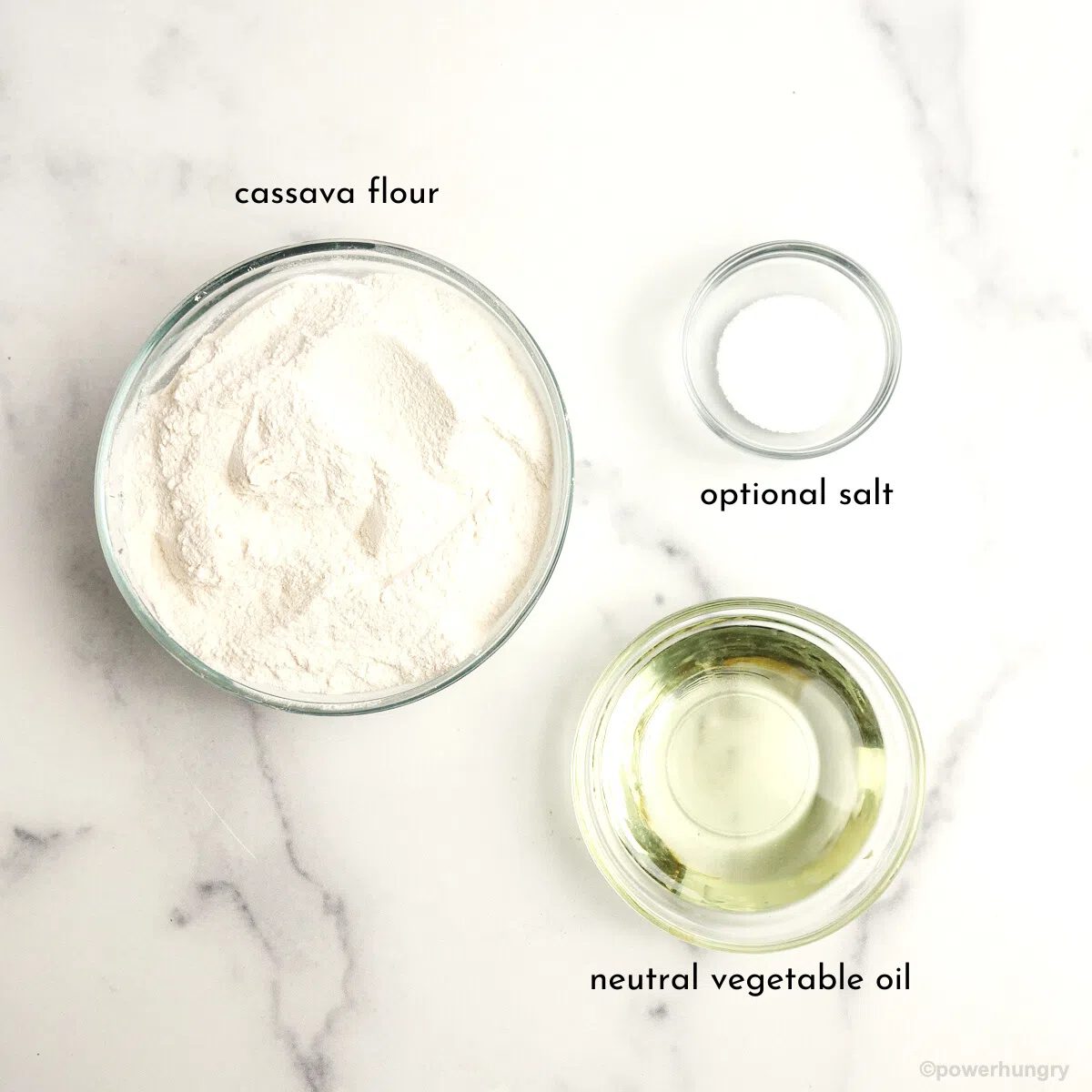 ingredient for cassava flour crackers in glass bowls