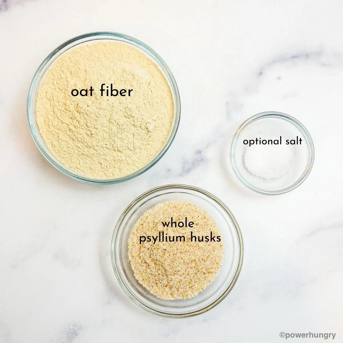 ingredients for oat fiber tortillas in glass bowls