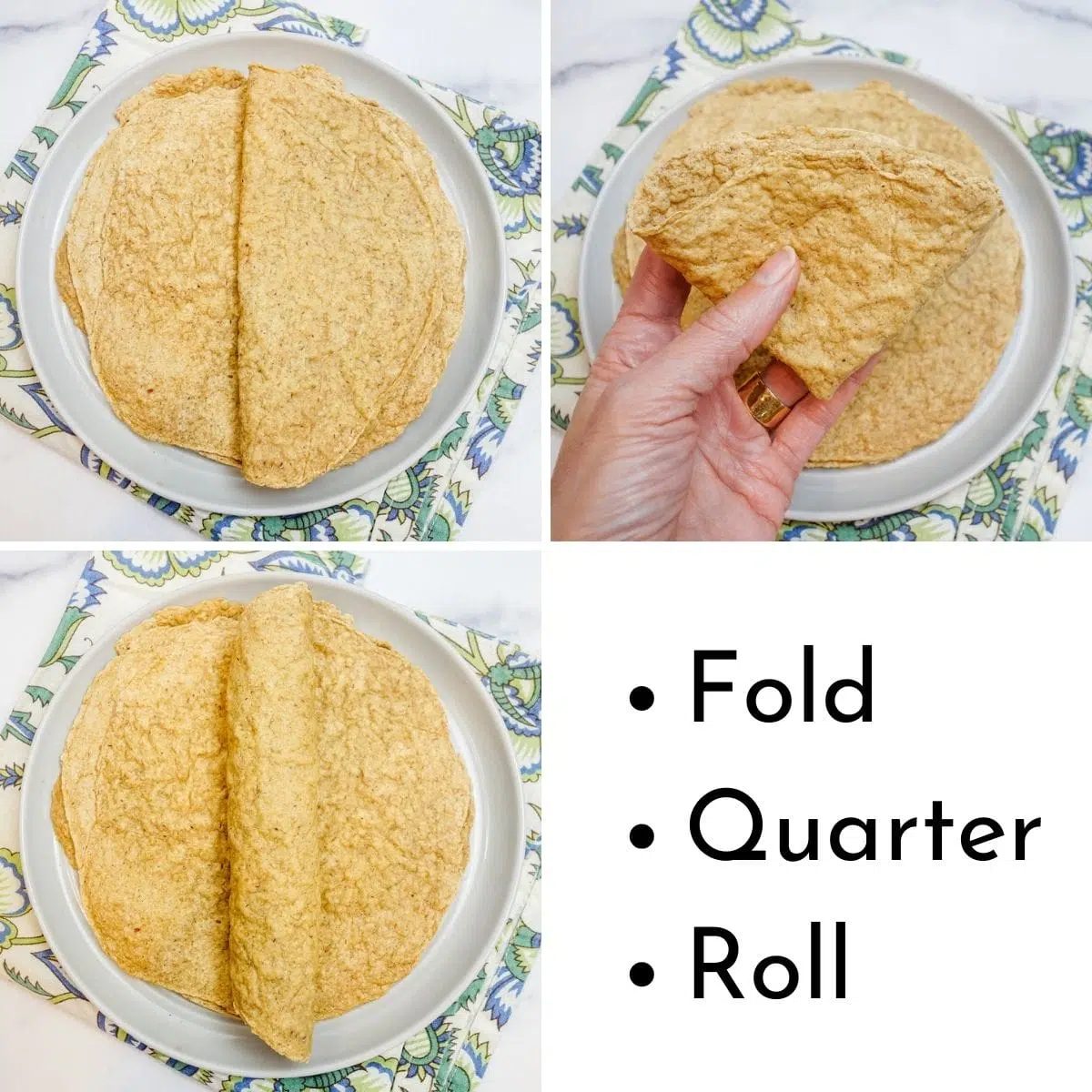 collage of folded oat fiber tortillas