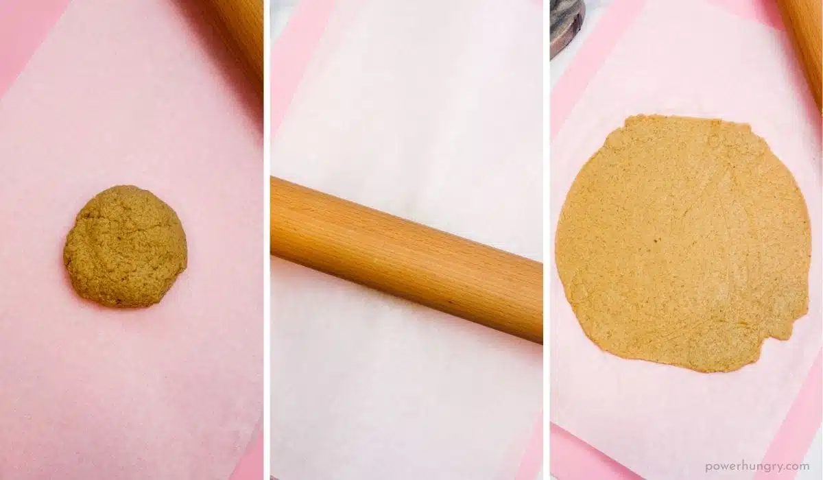 3 photo collage showing the rolling of oat fliber tortillas