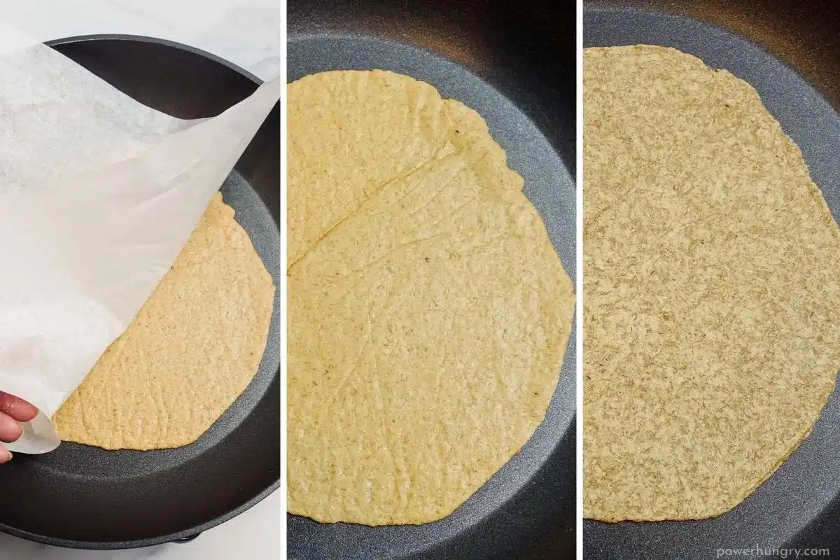 3 photo collage showing the making of oat fiber tortillas