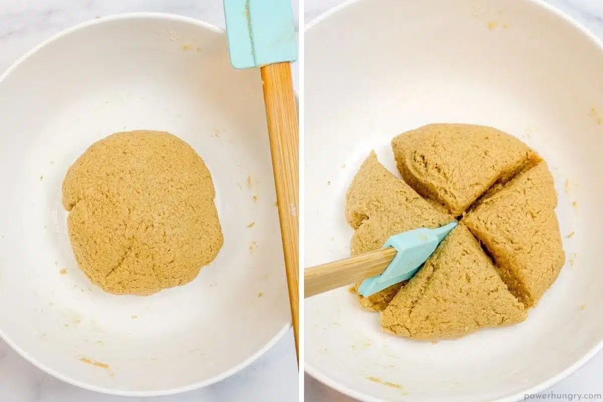tortilla dough in white bowl divided into 4 pieces