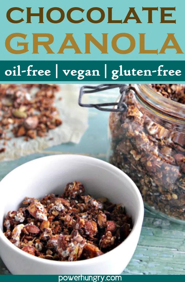 a trio of chocolate granola, some in a white bowl, some in a glass container, and some on a piece of parchment paper.