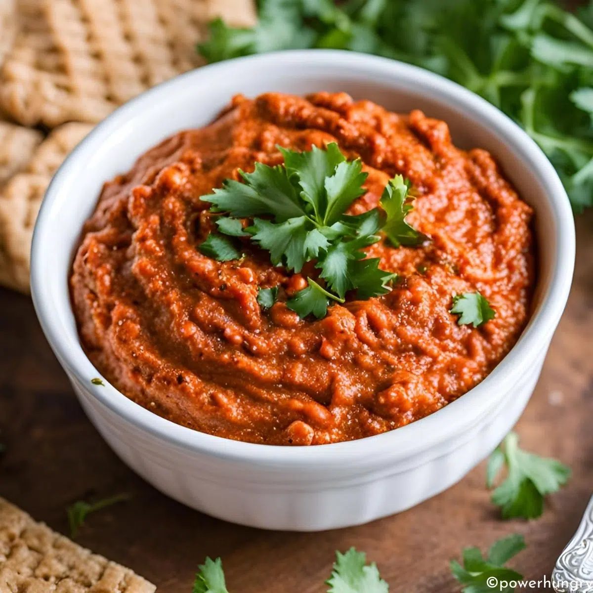muhammara in a white bowl topped with cilantro
