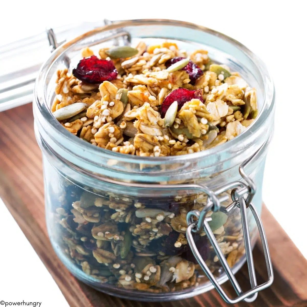 quinoa granola in a glass jar