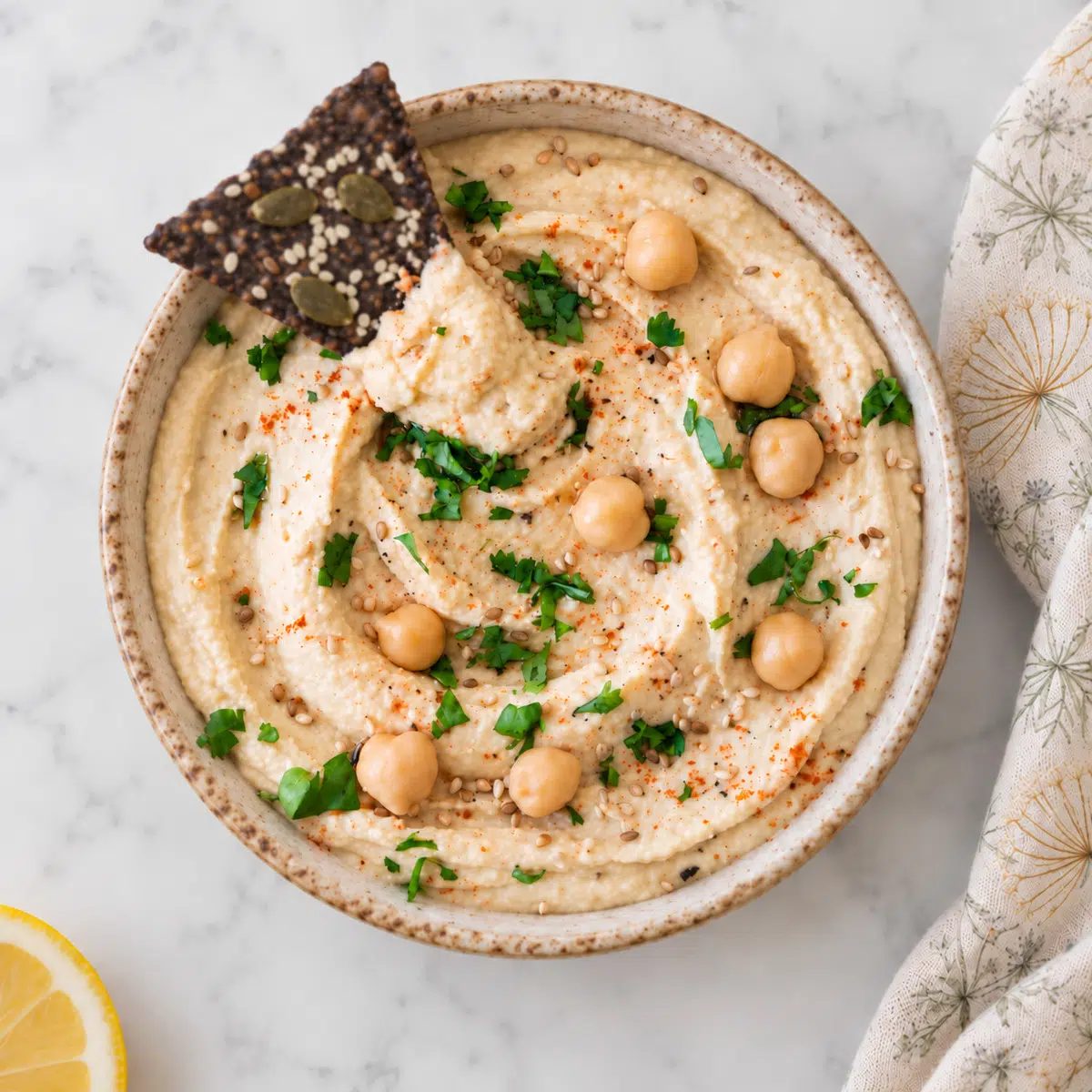 oil-free hummus without tahini , served with black bean chip and toppings