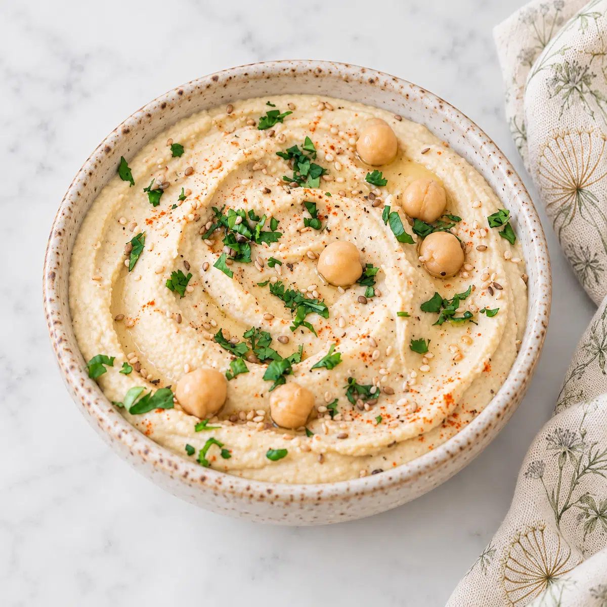 oil-free hummus without tahini in a a stoneware bowl