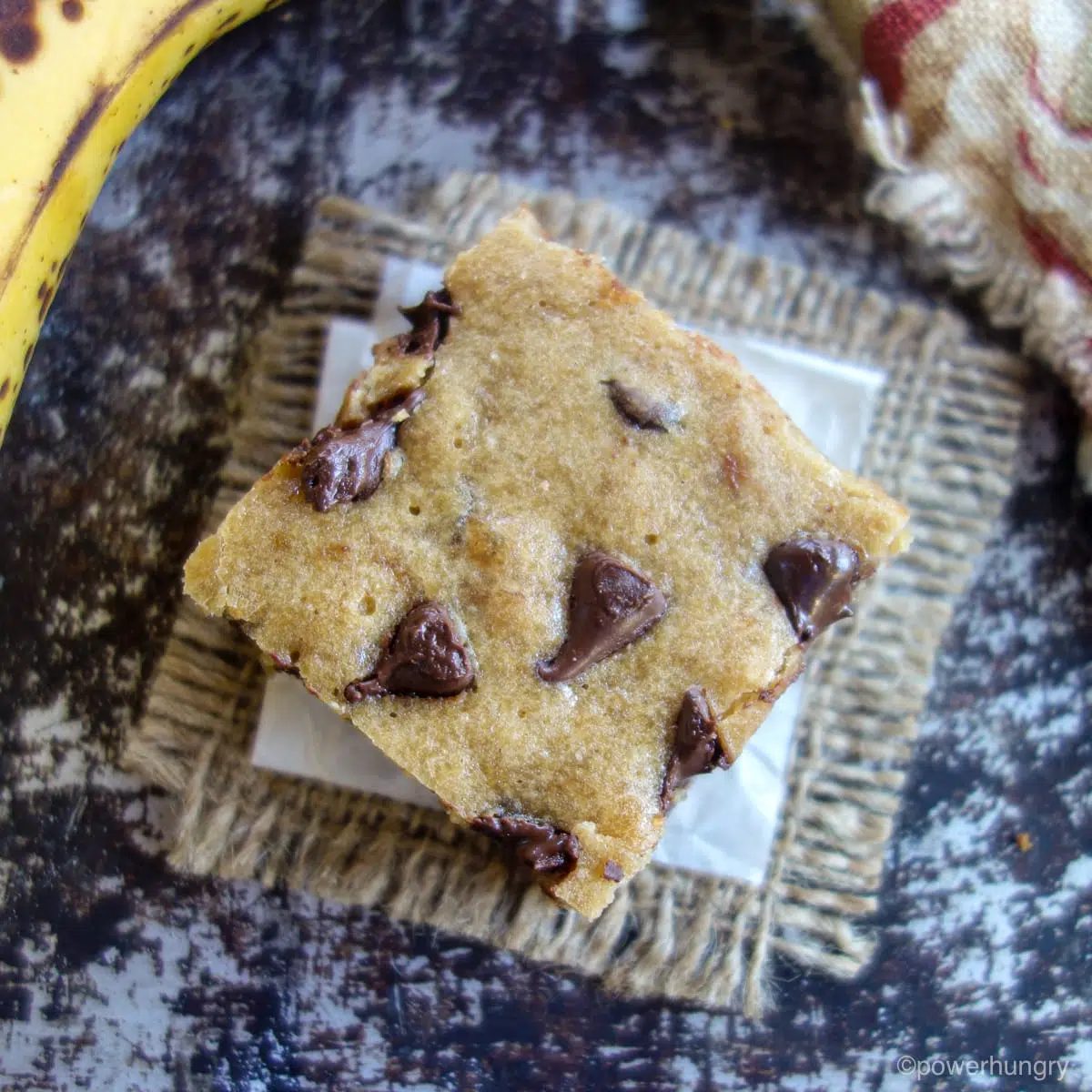 overhead shot of a stack of two vegan oil-free 5 ingredient banana blondies