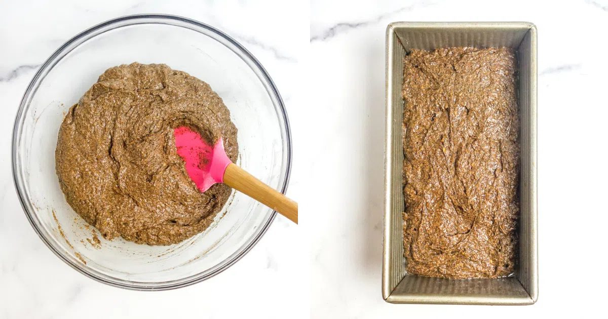 mixed buckwheat banana bread batter, in a bowl and in a loaf pan