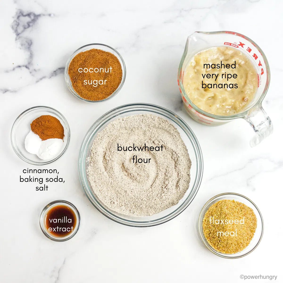 ingredients for buckwheat banana bread, all in glass bowls