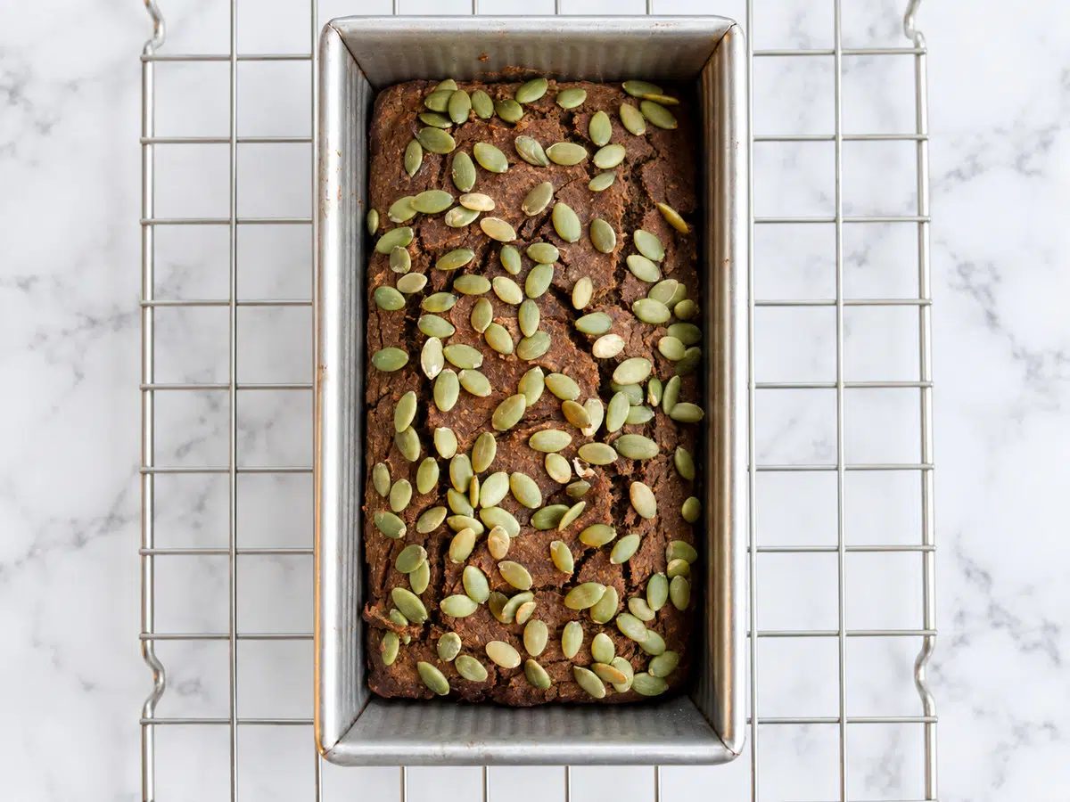 baled buckwheat pumpkin bread in pan