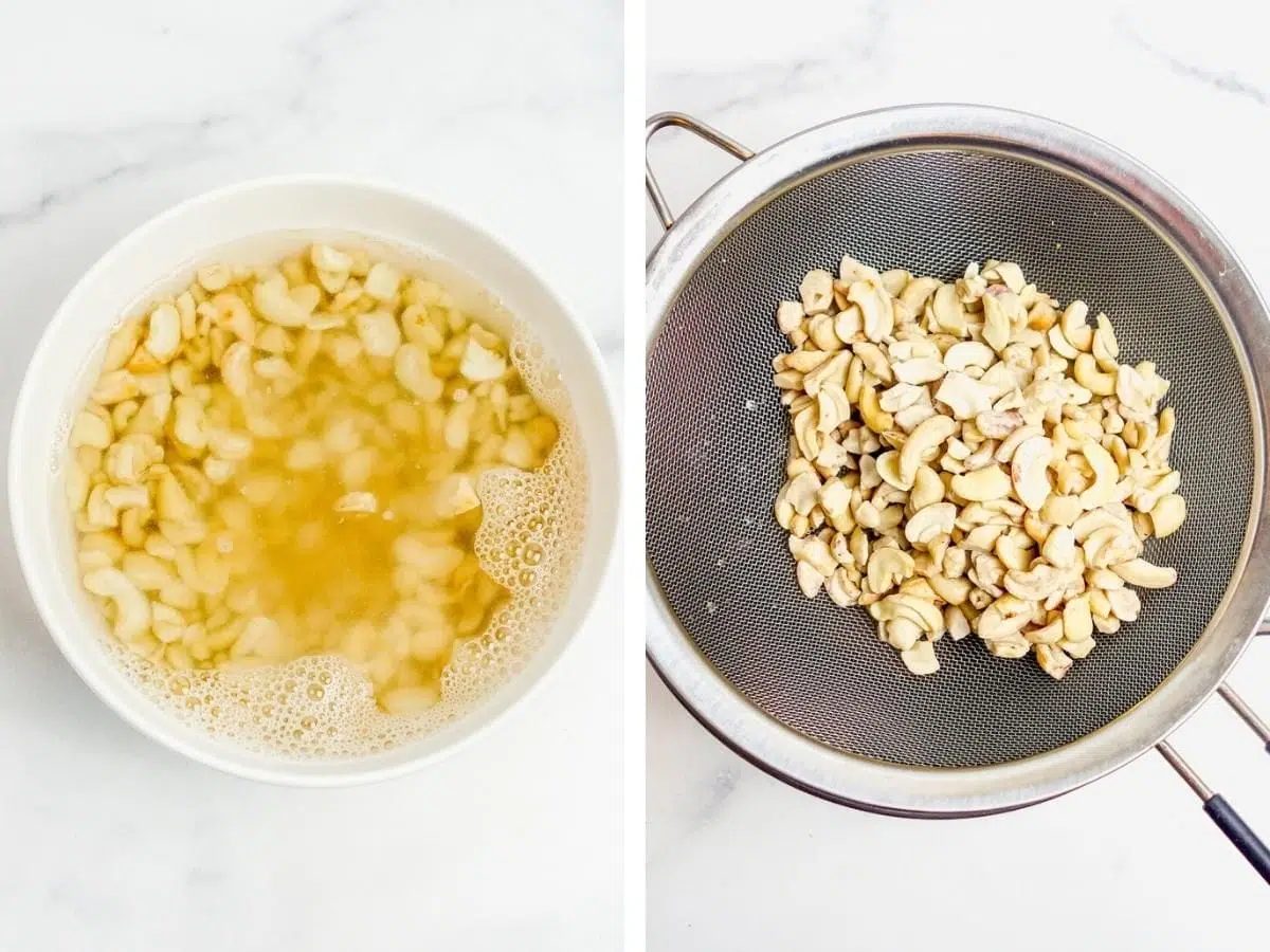 two photo collage showing raw cashews getting soaked, then drained