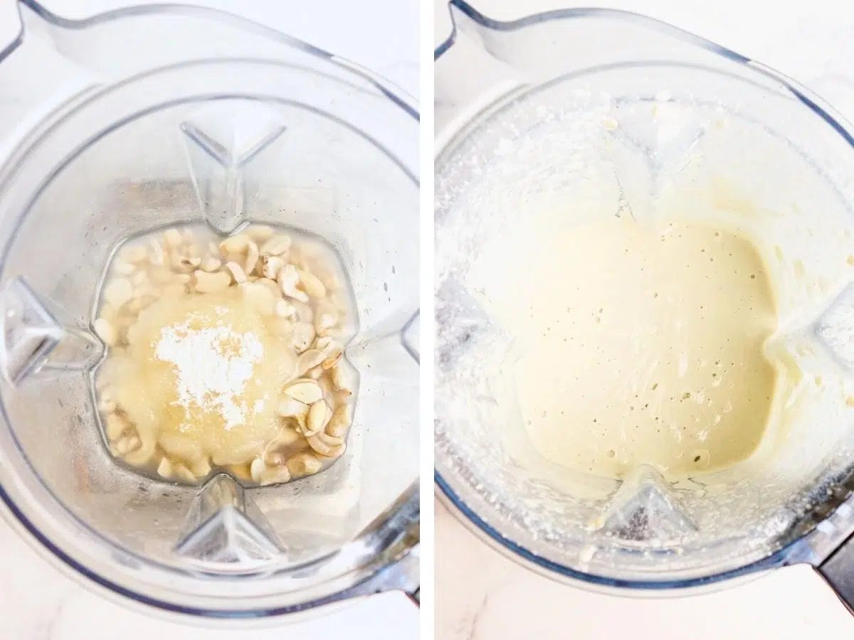 two photo collage showing the blending of ingredients for oil-free shred and slice vegan mozzarella.
