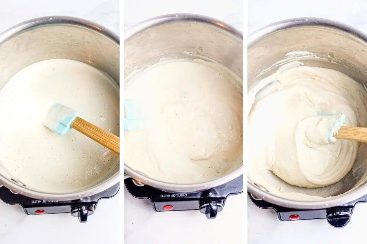 three photo collage showing the thickening of cooked oil-free slice and grate vegan mozzarella