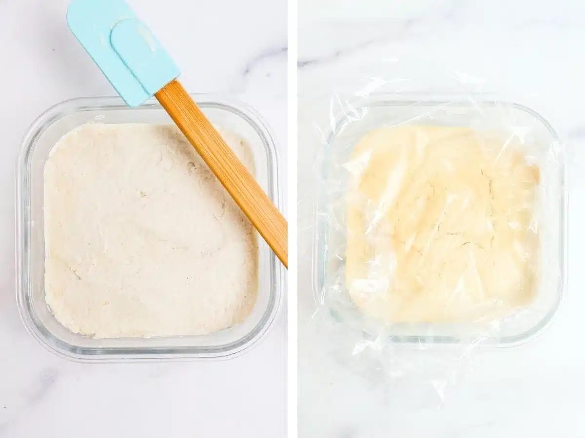 two photo collage of vegan cashew mozzarella in a glass dish