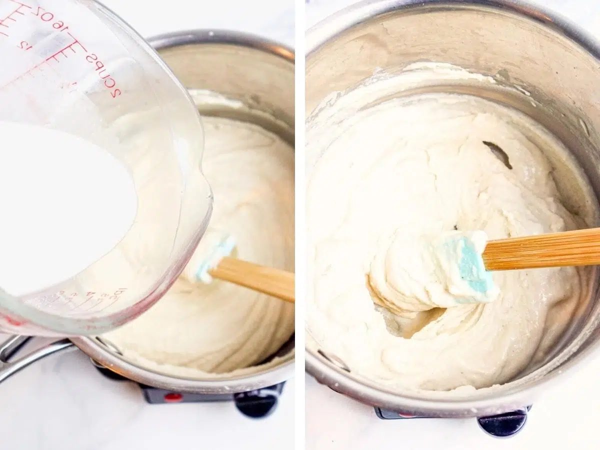 tapioca slurry getting added to oil-free vegan mozzarella mixture in a saucepan