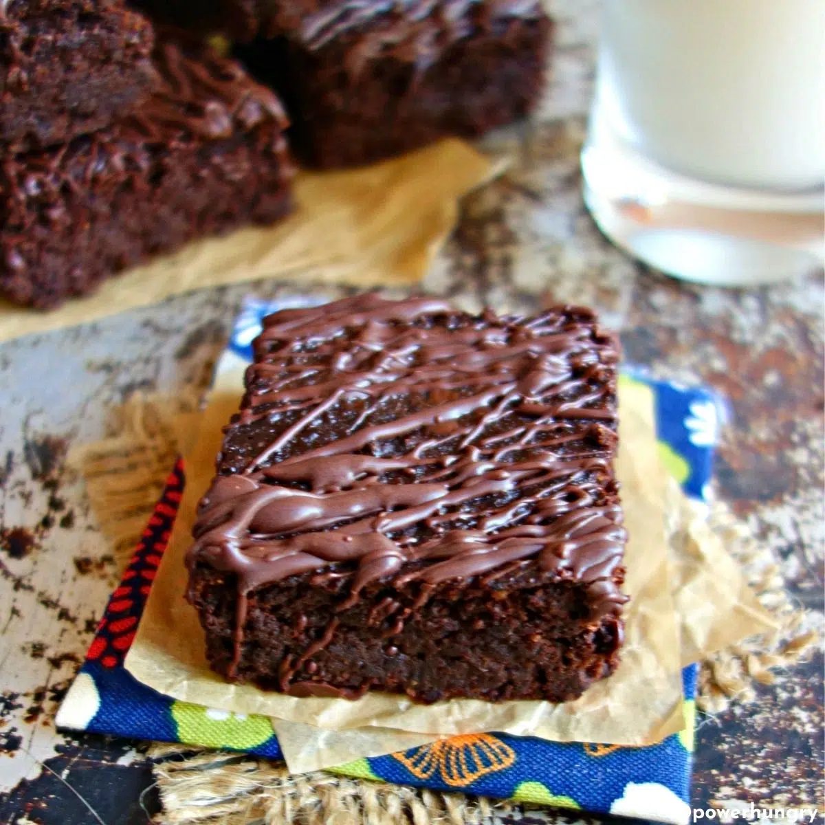 a single vegan almond flour brownie with some nondairy milk