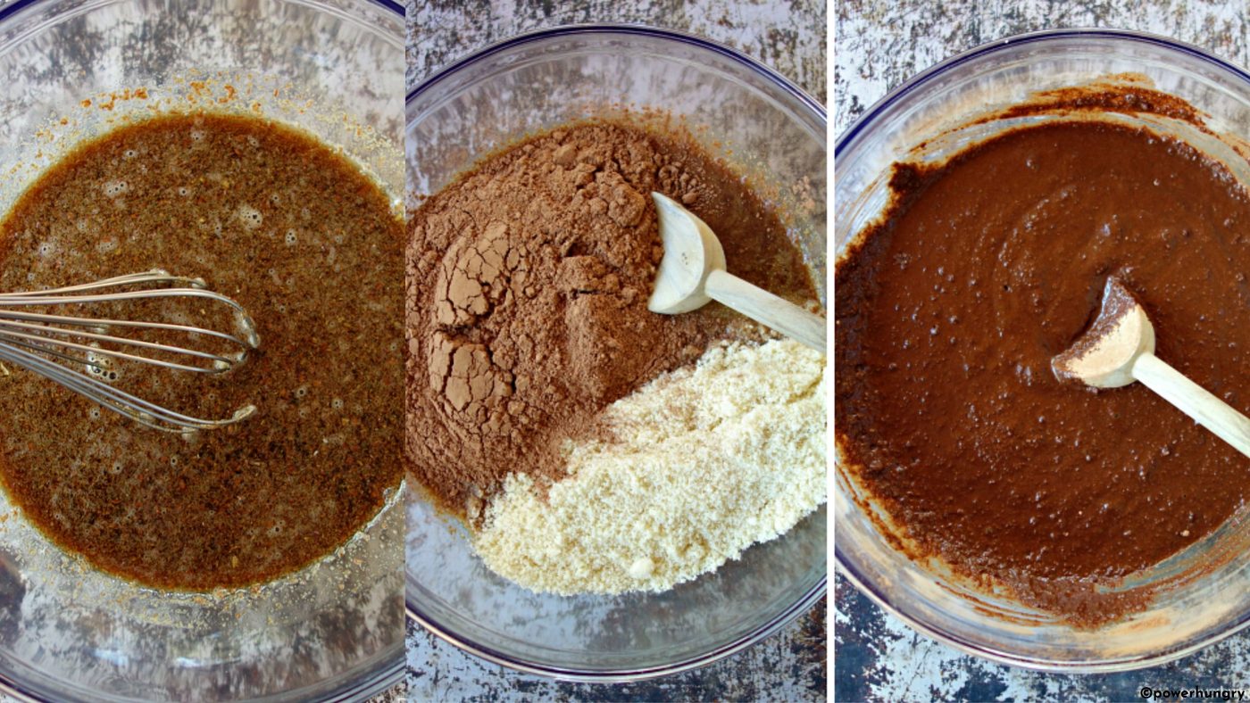 three photo collage of vegan almond flour brownie batter