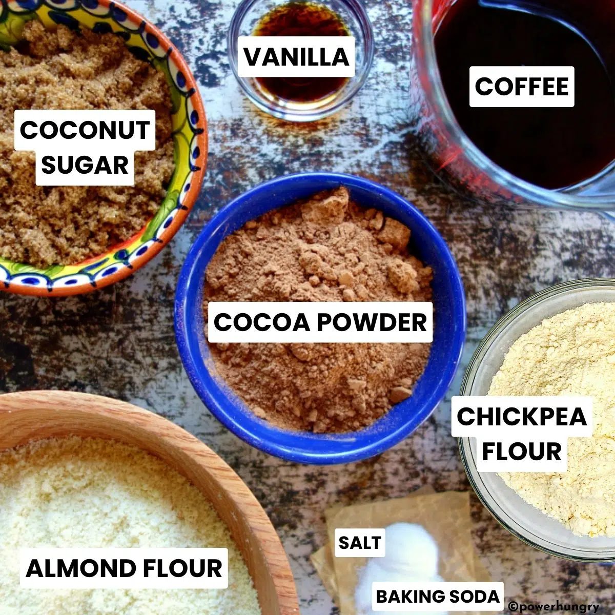 overhead shot of a flat lay of vegan almond flour brownies