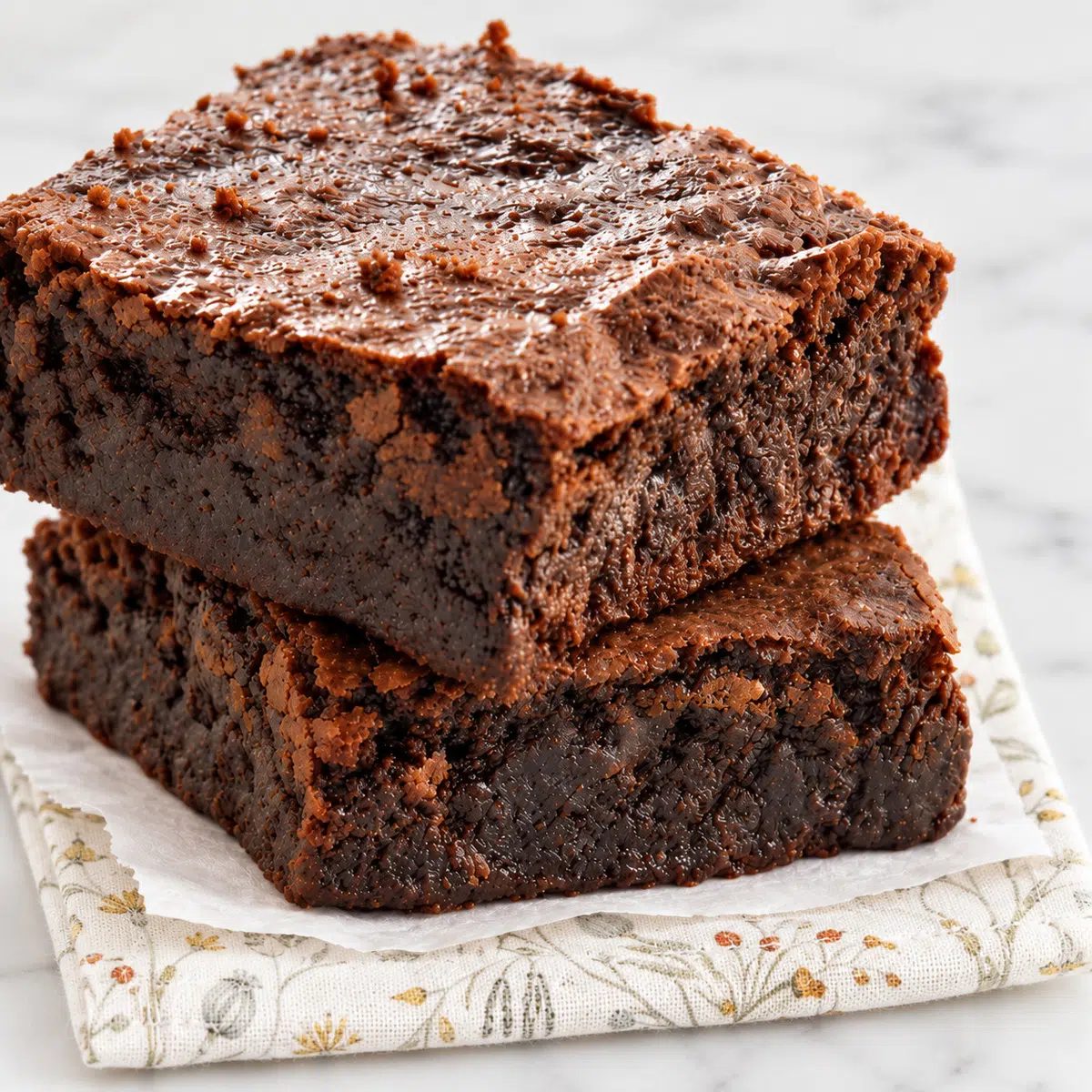 two chickpea flour brownies on a linen napkin, side view