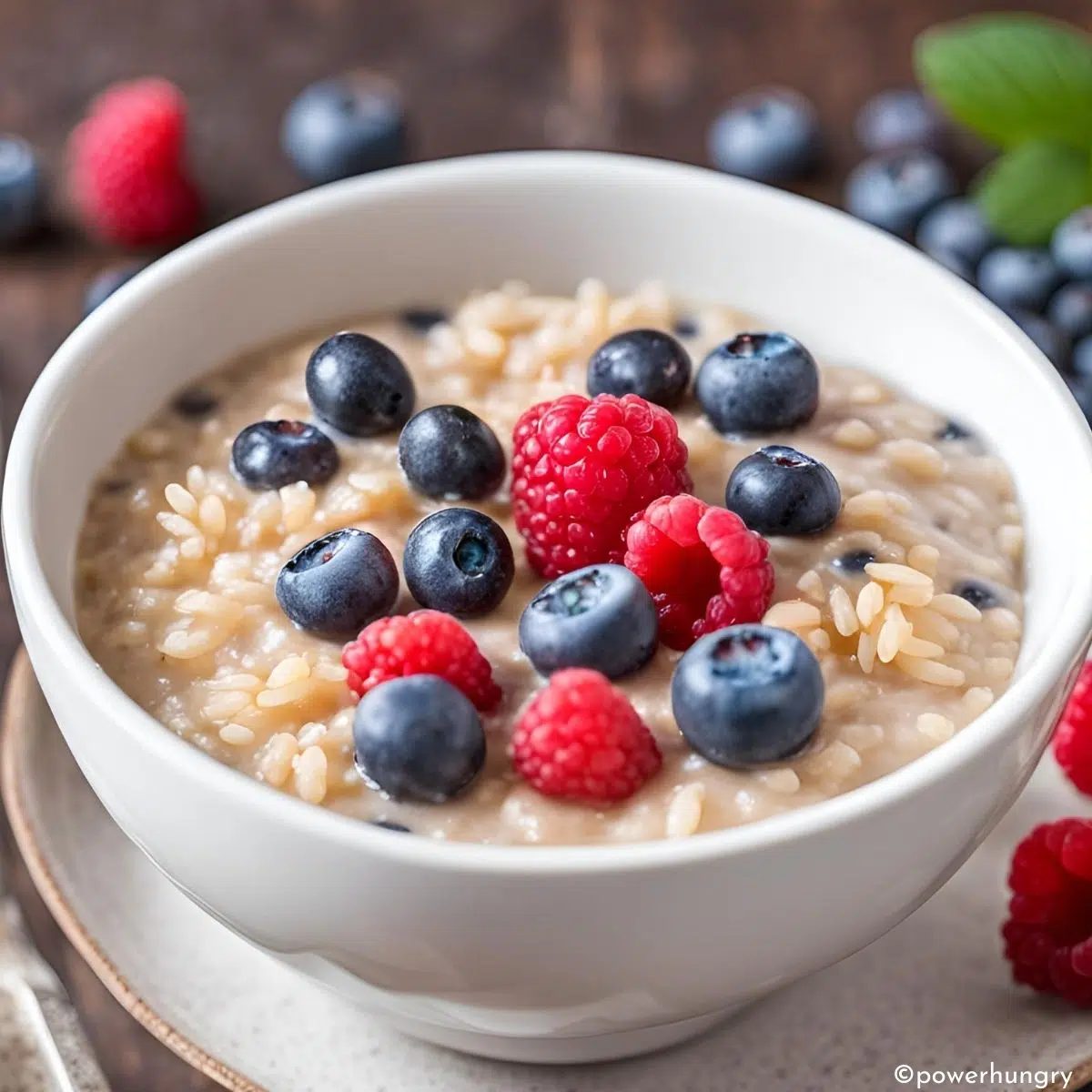 overnight brown rice porridge in a white bowl