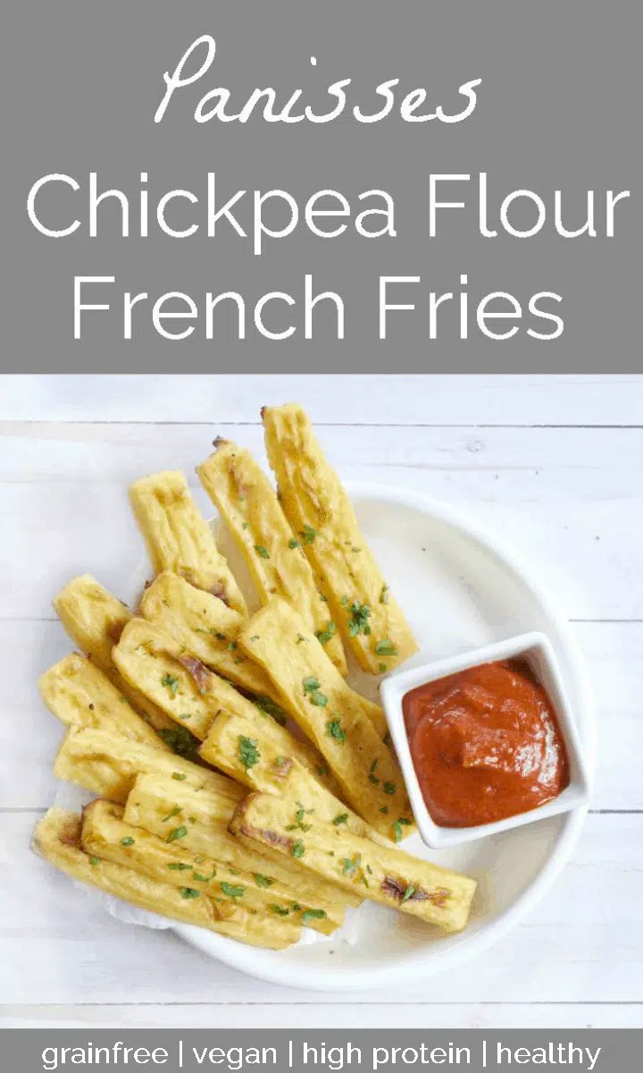 overhead shot of chickpea flour French fries with a small dish of ketchup