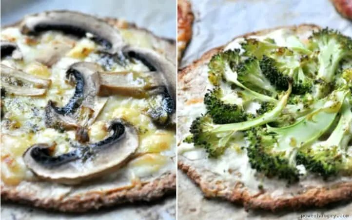 grain-free vegan pizza crust with mushrooms and broccoli