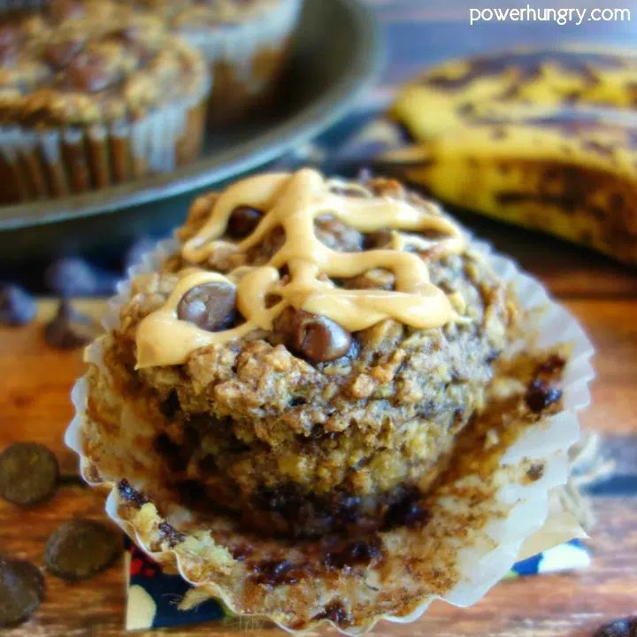 Unwrapped Peanut Butter Banana Baked Oatmeal with an extra drizzle of peanut butter on top