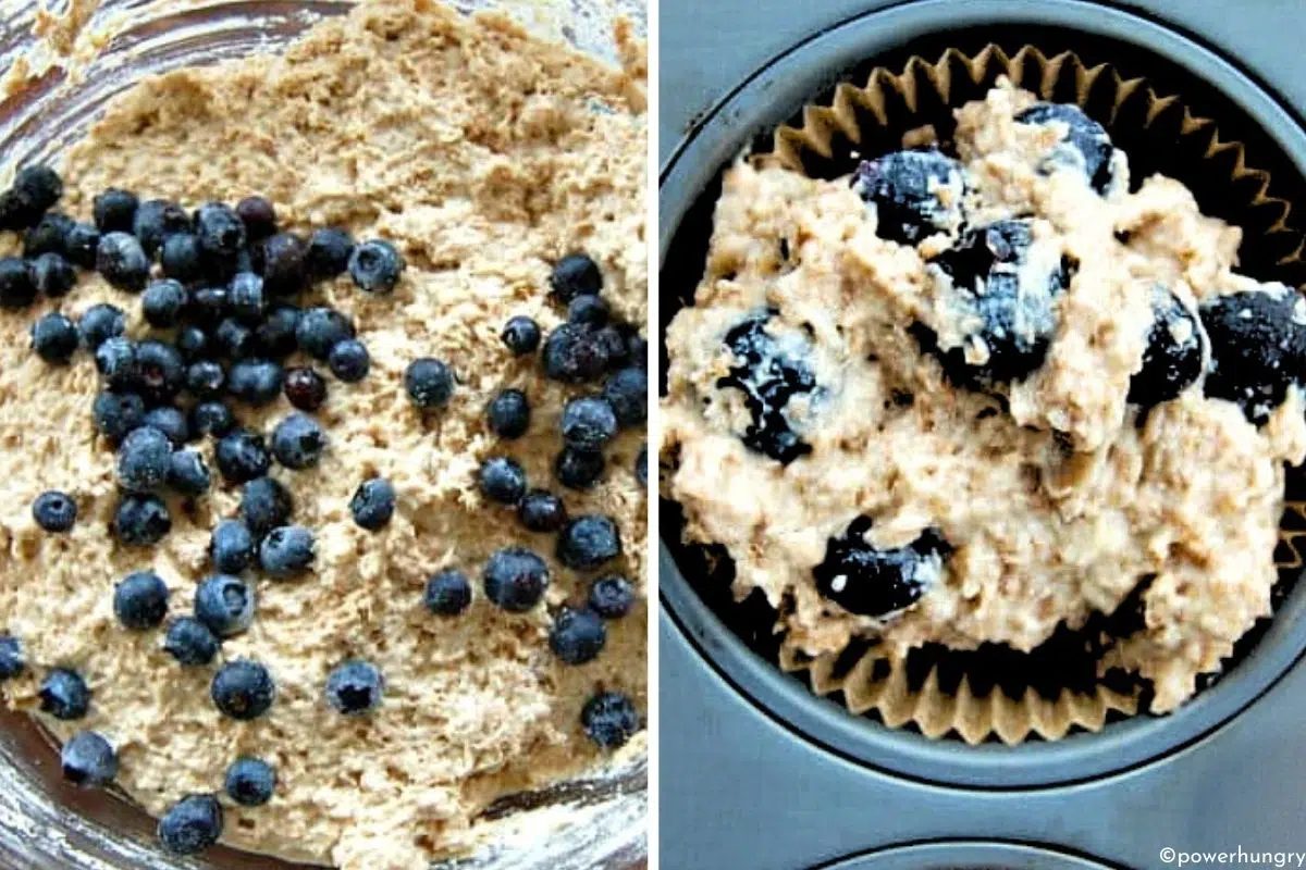 2 photo collage of the mixing of vegan almond flour muffins