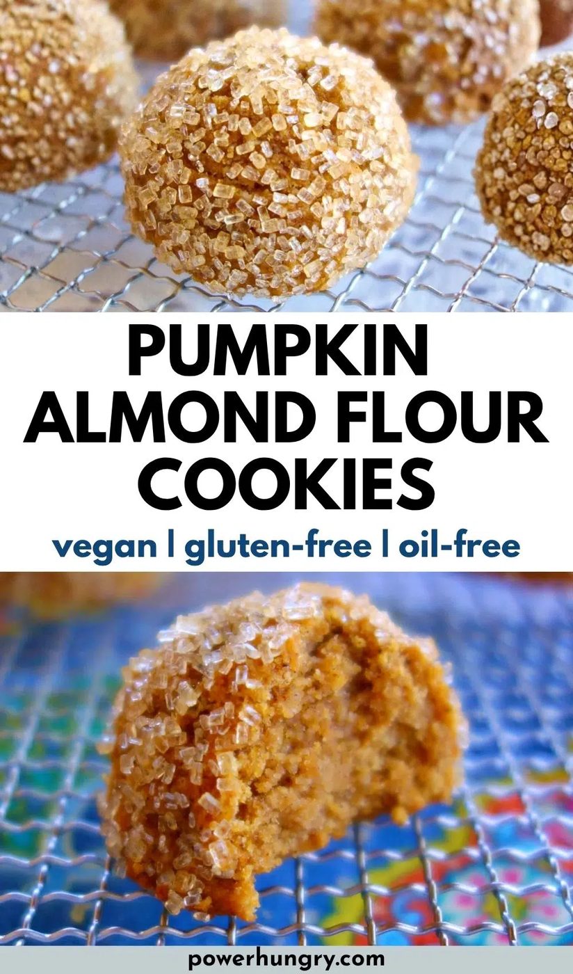 2 photo collage of vegan pumpkin almond flour cookies, on bitter, several on a cooling rack