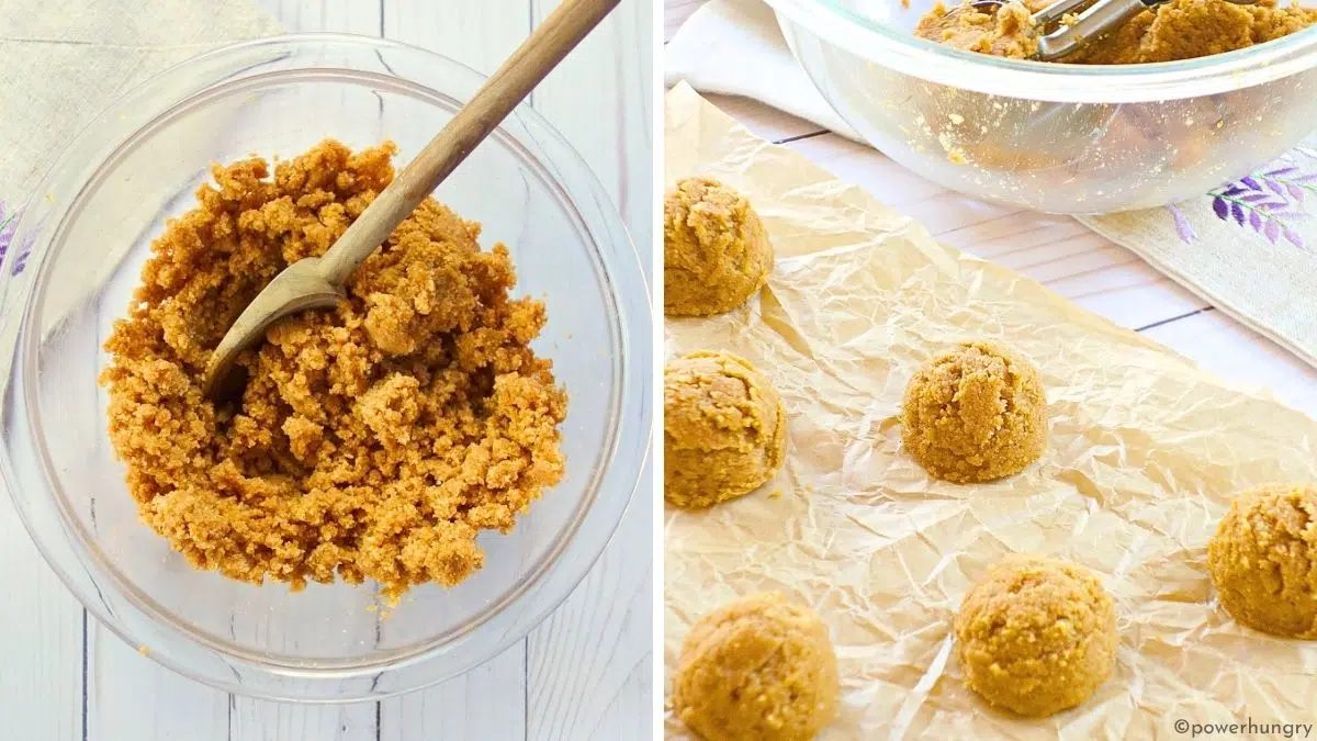 2 photo collage showing how to make the dough for pumpkin almond flour cookies