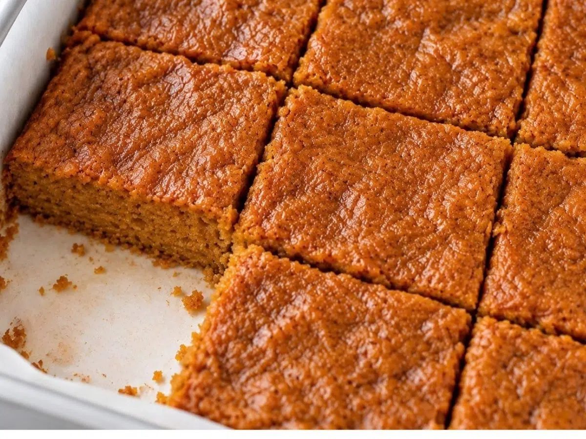 pumpkin protein bars in pan, cut into 9 bars