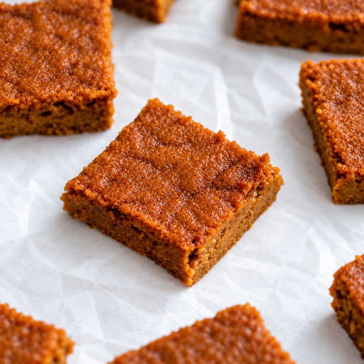 pumpkin protein bars cut , on white parchment paper