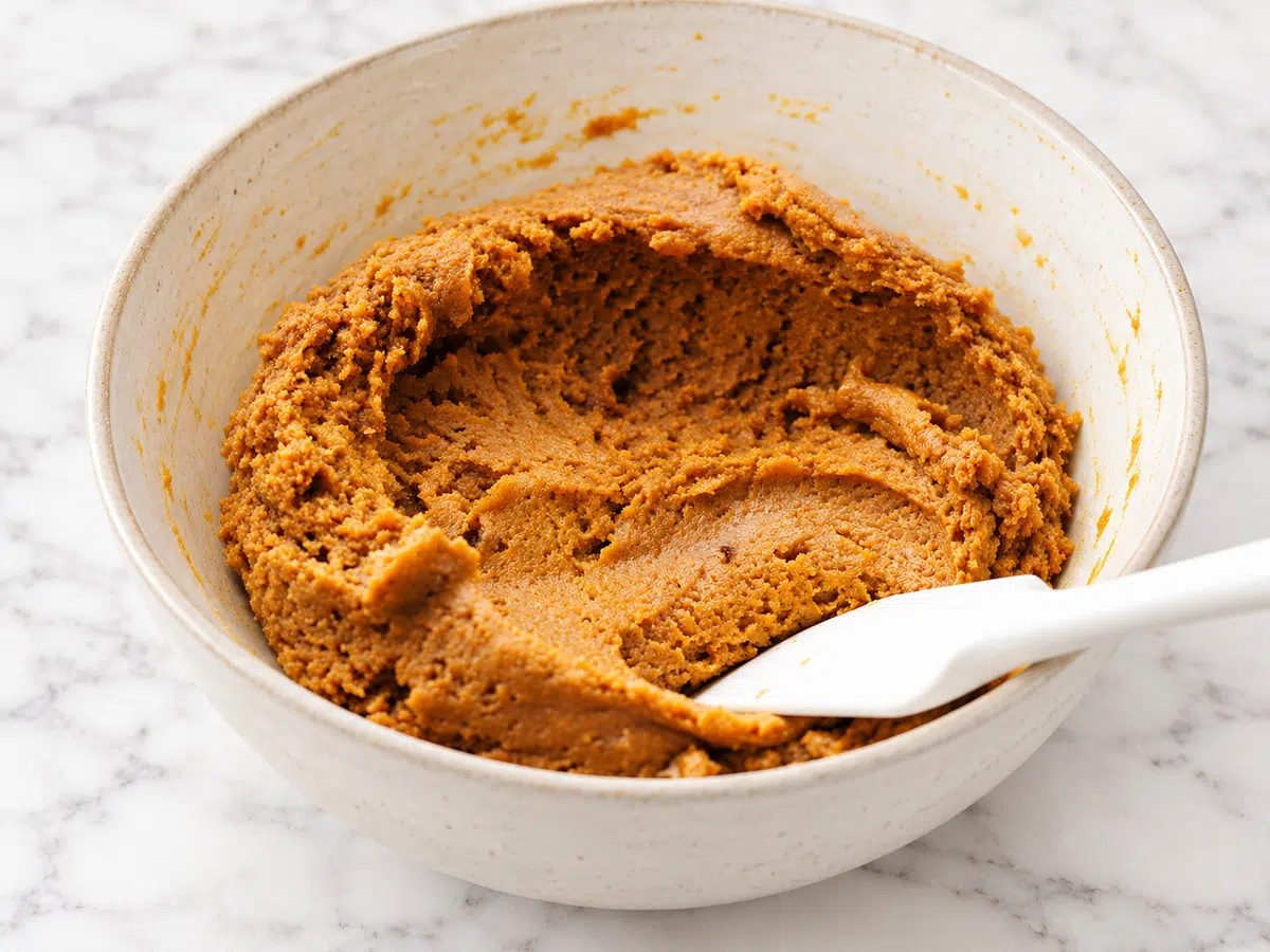 bowl filled with dough for no-bake pumpkin pie protein bars