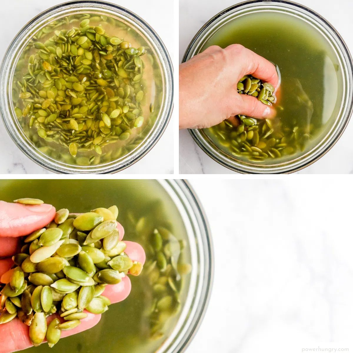3 photo collage of soaked pumpkin seeds