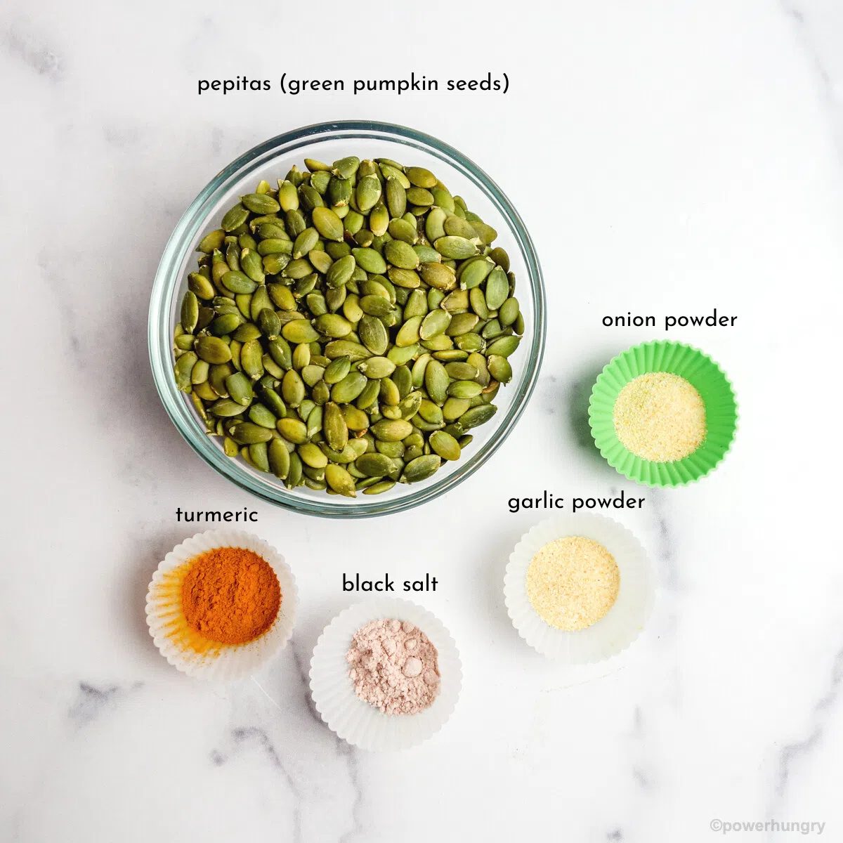 overhead shot of the ingredients for pepita scramble