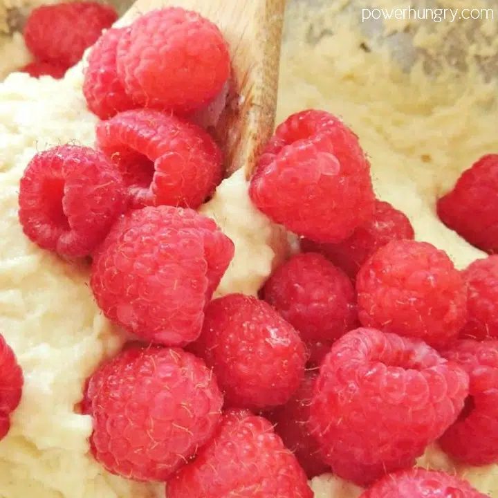 close up of the batter for vegan almond flour raspberry muffins