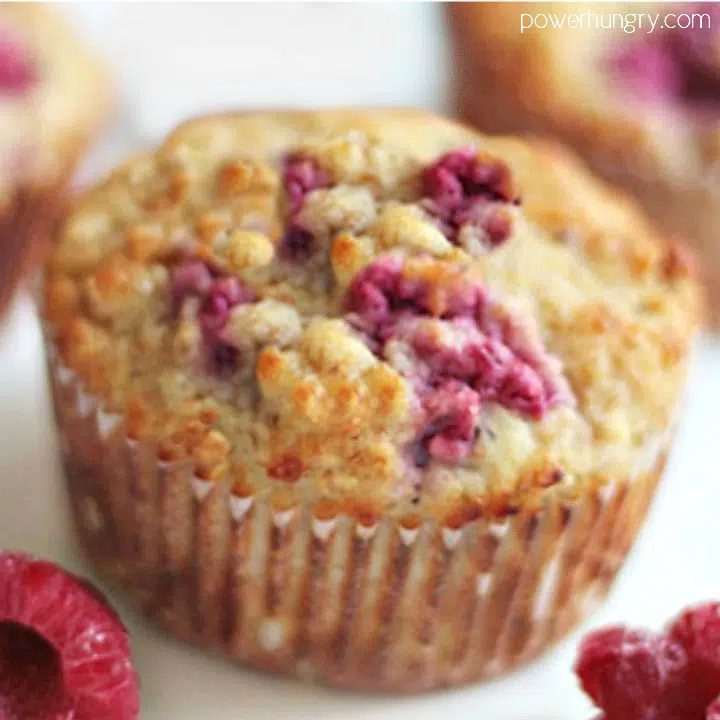 Close up of vegan raspberry almond flour muffin