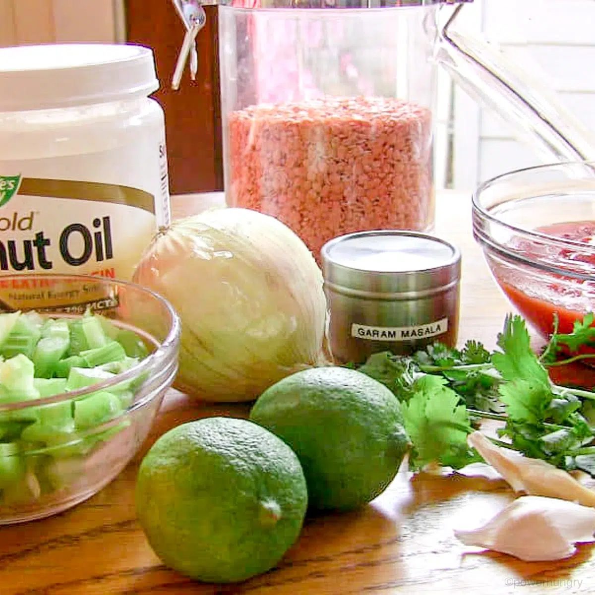ingredients on display for making straightforward vegan red lentil curry