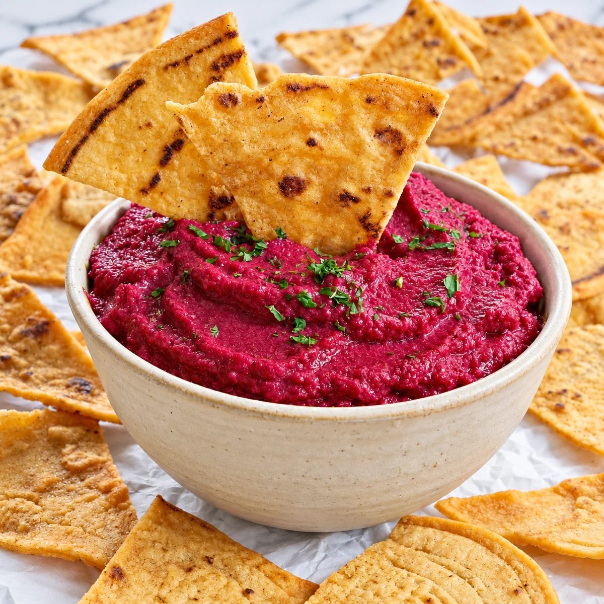 lentil chips with beet dip