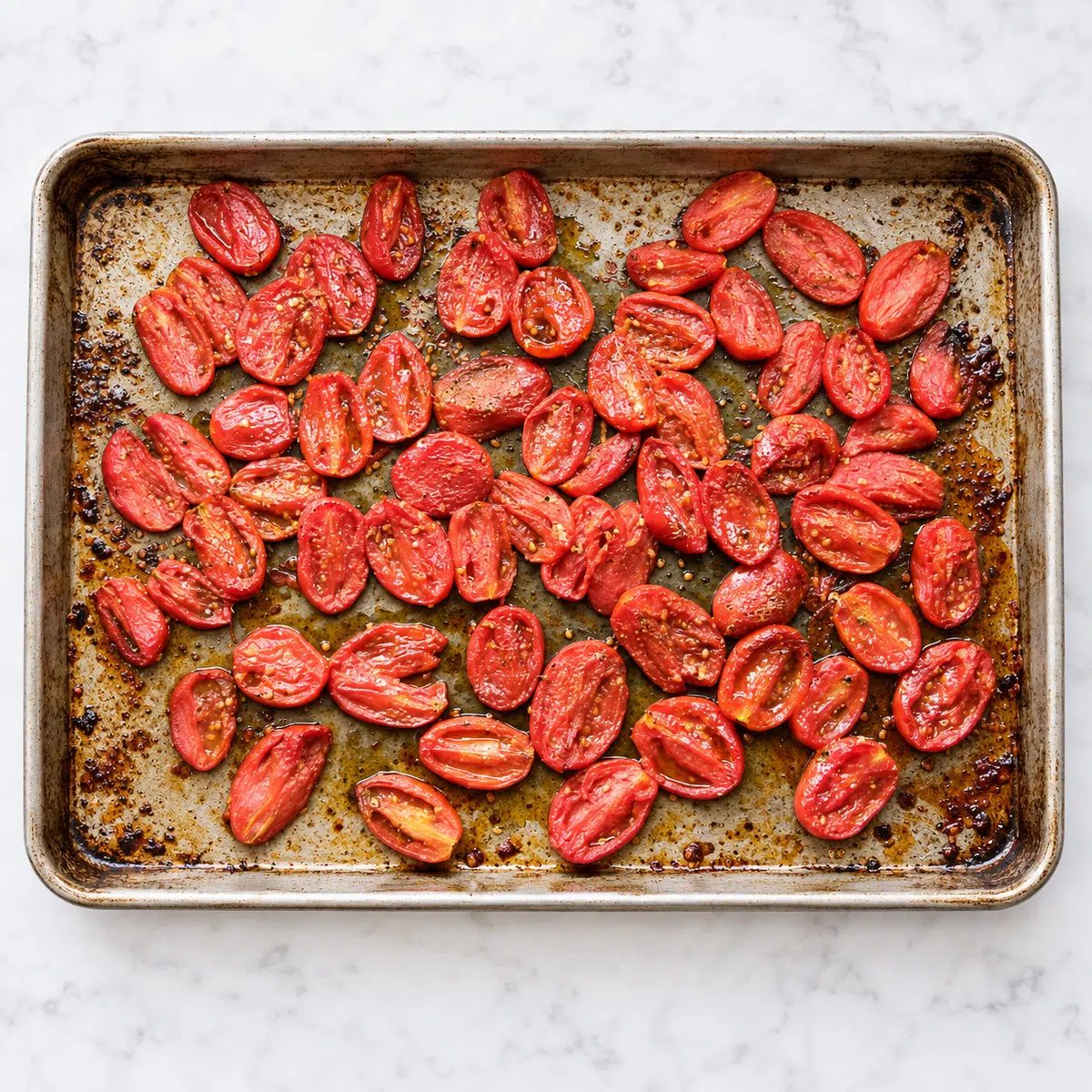 overhead shot of roasted canned tomatoes