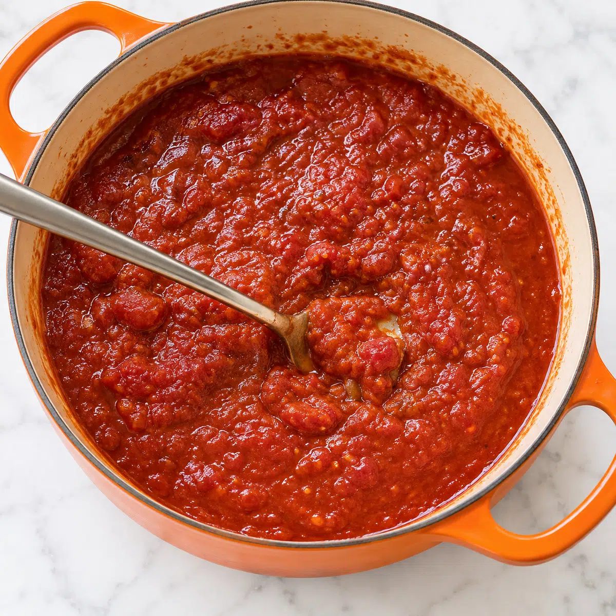 roasted tomato sauce in cast iron ceramic coated saucepan