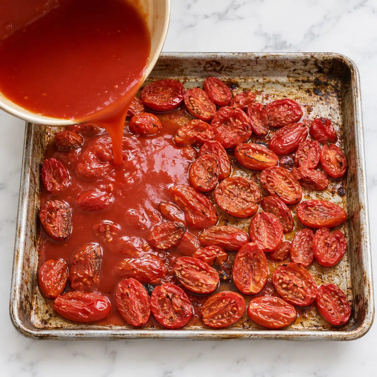 pouring tomato puree over canned roasted tomatoes