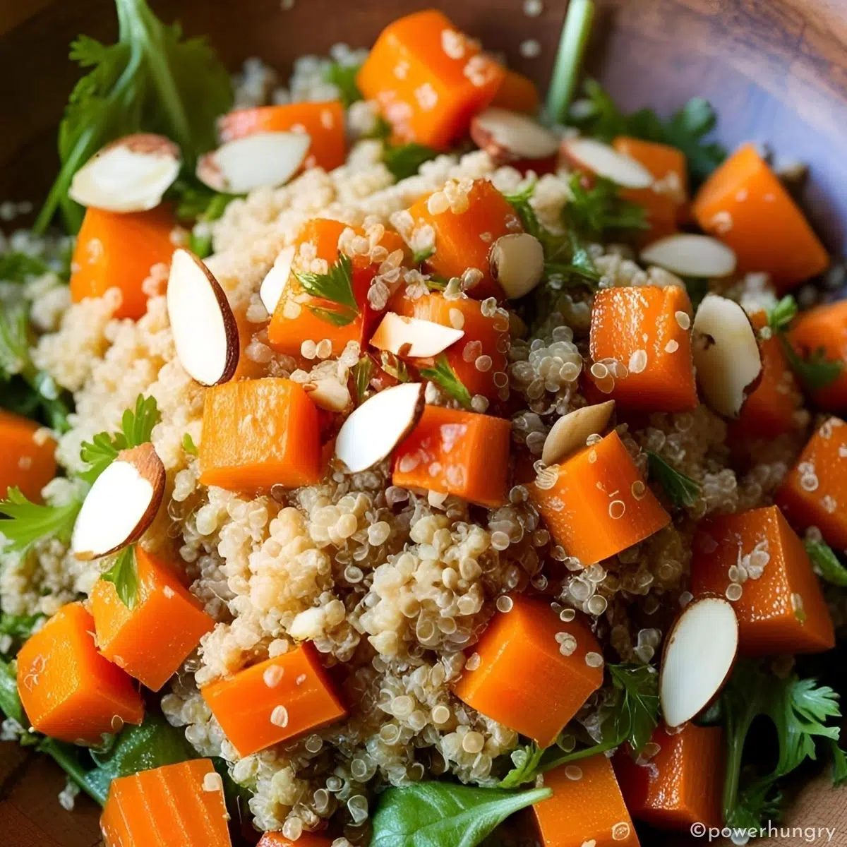 carrot quinoa salad in a wood bowl