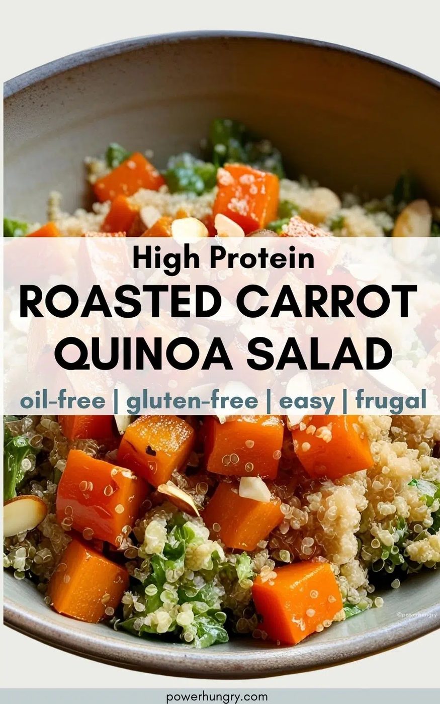 grey bowl filled with roasted carrot quinoa salad