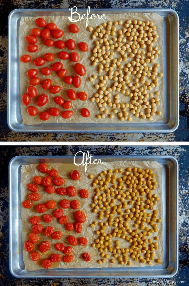 roasted grape tomatoes and chickpea on a parchment lined baking sheet