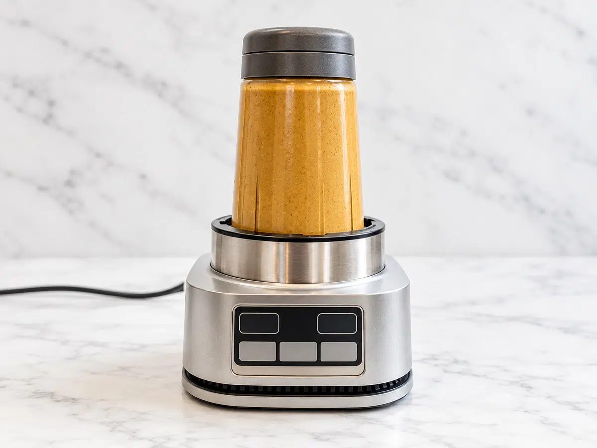 bullet blender blending the roasted chickpea butter