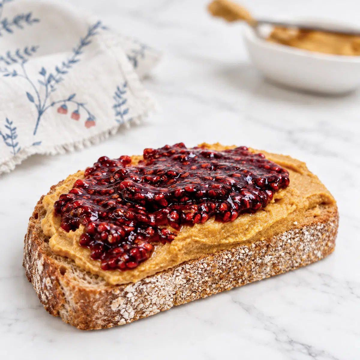 closeup of jam and toast with roasted chickpea butter